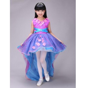 Fuchsia royal blue patchwork flowers girls modern dance stage performance princess jazz dance with trail costumes dresses